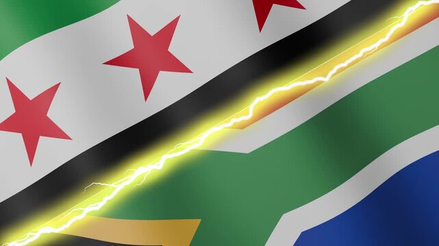 Two waving flags Syria and South Africa with diagonal lightning seamless, 4k loop