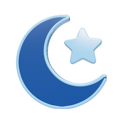 Glossy three dimensional blue crescent moon and star icon symbol rendered with smooth edges and highlights isolated on a transparent background © Trendy_Desing