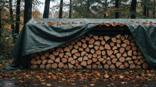 Stacked firewood under green tarp during autumn rain. Dry logs covered for winter storage. Fallen leaves on tarp and ground. Forest setting.