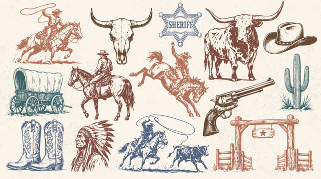 Wild West Vintage Vector Set with Cowboys Riding Horses, Rodeo Bronco, Texas Longhorn Bull, Sheriff Star Badge, Covered Wagon, Revolver Gun, Cowboy Boots, Hat, Native American Chief, Cactus, and Ranch