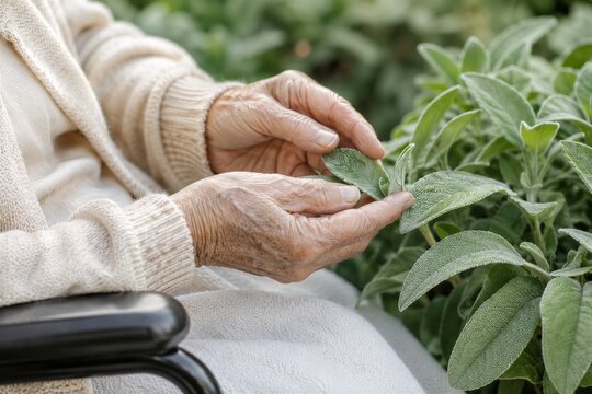 Elderly woman sitting in wheelchair touching fresh sage leaf in garden. Senior lady gardening hobby, nature connection, wellbeing and retirement lifestyle concept.