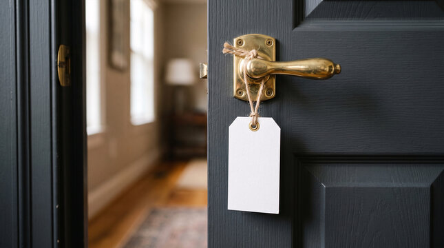 Open dark gray door with brass handle and blank tag for message