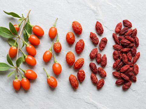 Goji berries top view showing the progression from fresh green branch with juicy red berries to dried superfood fruits