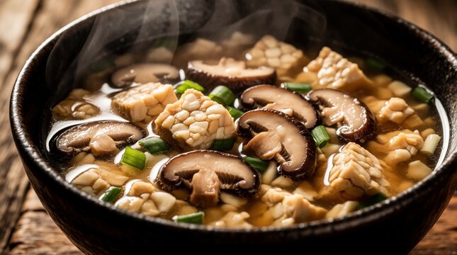 Steaming bowl of tempeh miso soup with mushrooms and scallions. Healthy vegan Asian dish warms from rich broth. Protein rich food for comfort.