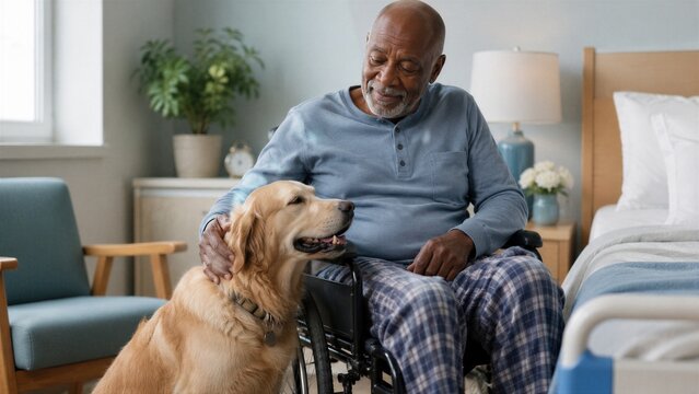 Senior African American man in wheelchair petting golden retriever dog in assisted living bedroom.