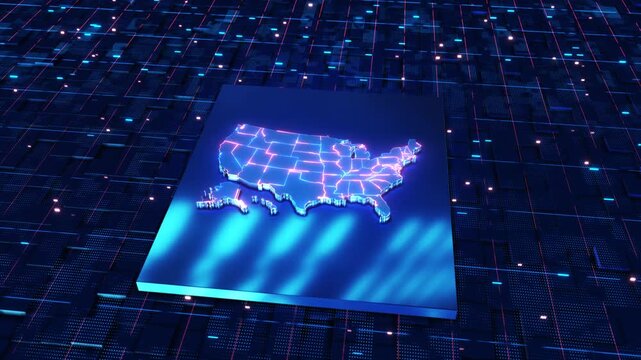 Raised American map state divisions rests above sleek digital matrix covered information lights. regional analysis, broadband planning, spatial research, 19 systems business visualization