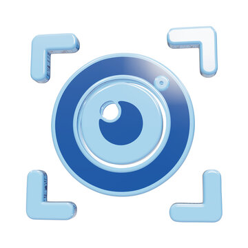 3D glossy blue camera lens aperture shutter symbol surrounded by corner frame brackets for icon isolated on a transparent background