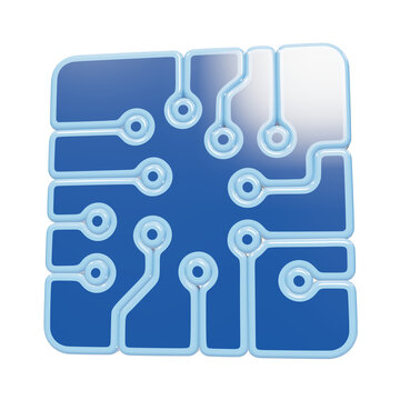 3D glossy blue square electronic microchip processor with circuit board traces and pin connections icon isolated on a transparent background