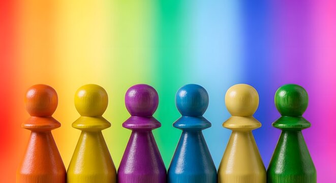 Colorful wooden game pawns standing in a row against a vibrant rainbow background representing diversity and inclusion