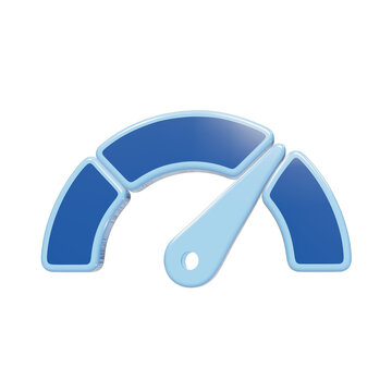 3D rendered blue speedometer gauge icon with needle indicating performance measurement and speed tachometer isolated on a transparent background