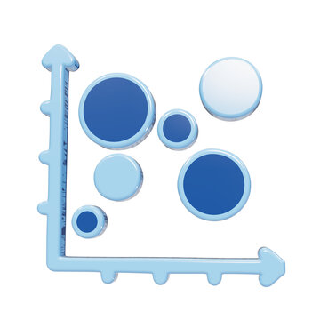 3D rendered blue scatter plot chart icon with circular data points on axis grid for data analysis graph isolated on a transparent background