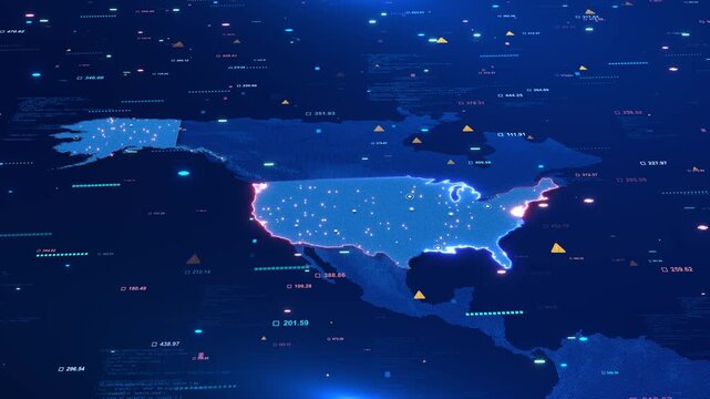 American territory glows 19 map numerical indicators warning symbols. geographic intelligence, telecom coverage, economic reporting, logistics, infrastructure planning digital research.