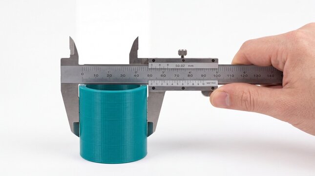 Hand holding vernier caliper measuring diameter of 3D printed green cylindrical part, quality inspection and precision engineering concept