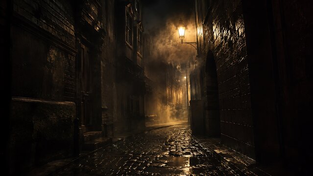 Cobblestone alleyway at night with gaslight illuminating atmospheric fog and wet pavement