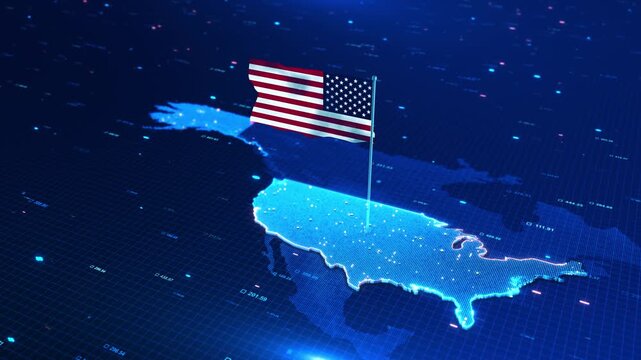 American flag stands over USA map by modern digital information graphics. voting coverage, government reports, public policy, national security, finance, geopolitics, 19 economic media.