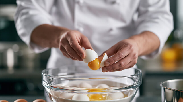 Closeup chef cracking eggs into bowl han 2