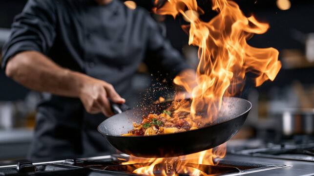 Closeup chef flambing fruit tall flames  2