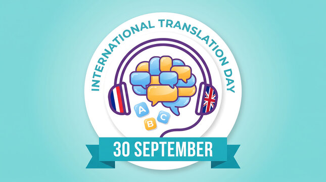 International translation day emblem with headphones brain icon speech bubbles on light background speech bubble translation service translation language