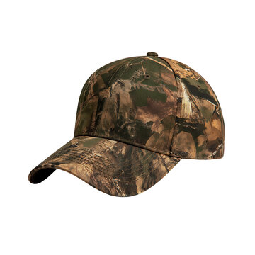 Hat with a camouflage design displayed on a plain background