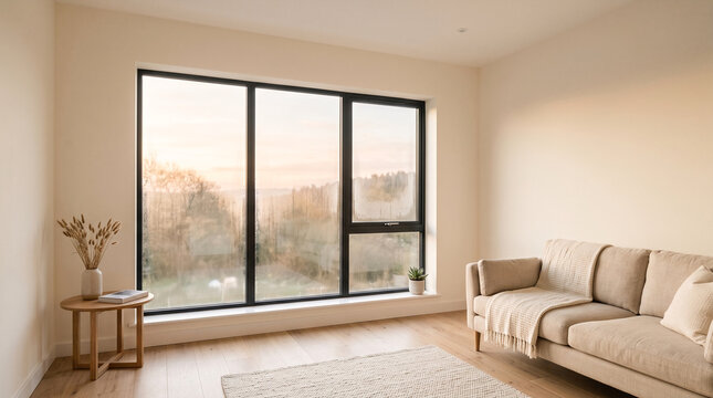 Cozy living room with large window overlooking misty landscape at sunset