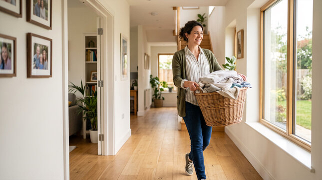 Woman carrying laundry basket walking through modern home hallway