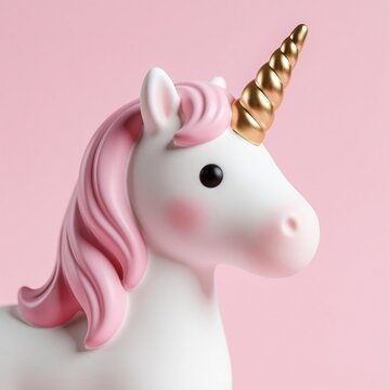 Close-up shot of white unicorn figurine with pink mane and golden horn against pastel pink background. Cute toy horse, fantasy creature, whimsical decor, child room decoration, magical element.