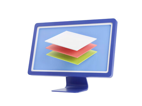 Computer monitor icon showing stacked layers of documents
