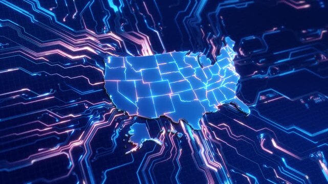 Futuristic American map integrates glowing electronic pathways across 19 grid. semiconductor, machine intelligence, national networks, cloud systems, digital transformation advanced computing.