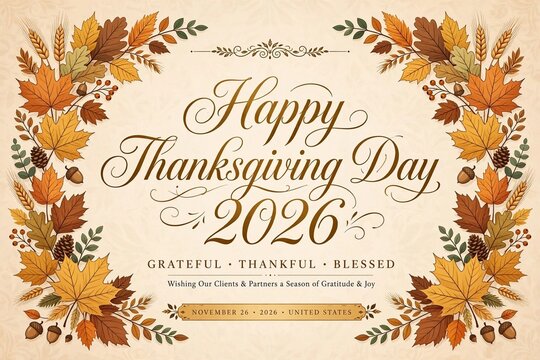 Happy Thanksgiving Day 2026 Elegant Banner Card with Autumn Leaves Bor