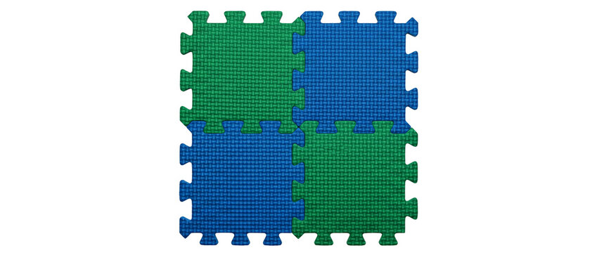 Foam puzzle play mat tiles interlocking green and blue soft floor foam pads connected together for kids playroom safety nursery exercise gym floor protection background element isolated texture.