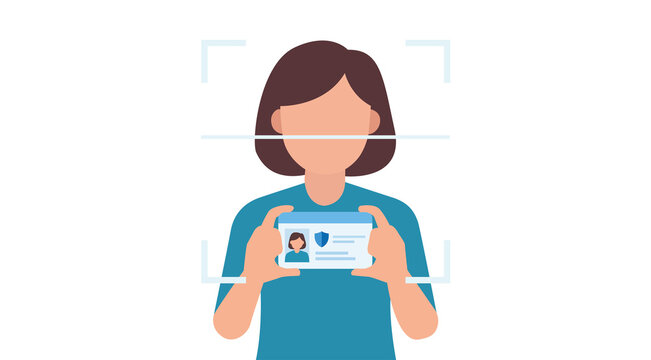 Biometric Identity Verification Concept with Woman Holding Smartphone and Face Recognition Scan Isolated on Transparent Background.