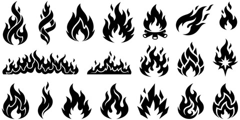 Obraz premium Set of black fire flame vector icons burning bonfire silhouette symbol design.