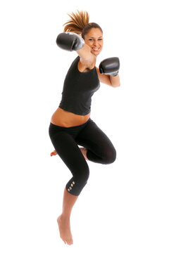 Young woman with boxing gloves isolated on white background