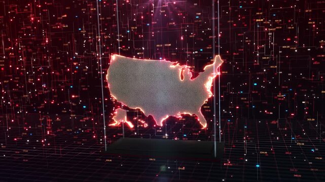 Orange red American holographic map appears inside advanced environment statistics electronic graphics. cyber defense, risk analysis, government 19, AI monitoring, network operations security