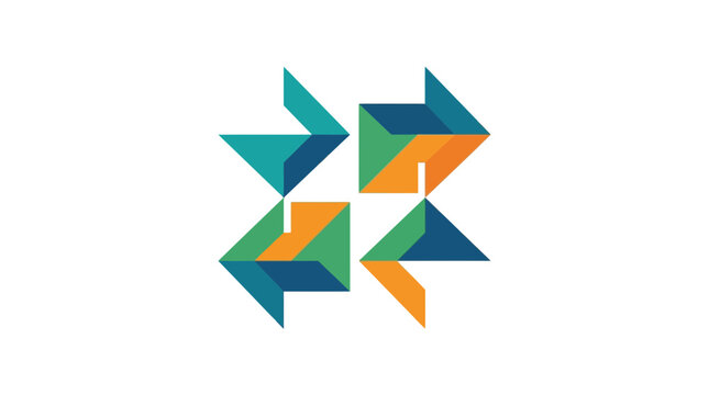 Stylized geometric four arrow square logo.