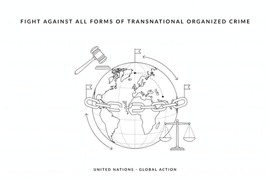 Fight against all forms of transnational organized crime with a globe, a gavel, and a balance scale on a white background