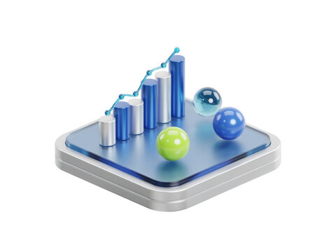 Isometric 3d business bar chart icon with floating spheres