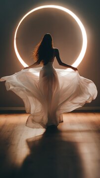 A woman shrouded in translucent fabric stands before a glowing crescent moon, her silhouette radiant with ethereal light. This fantasy scene embodies divine feminine power and sacred intuition.