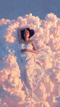 A serene woman sleeps on radiant clouds, bathed in moonlight and pastel glow. This ethereal fantasy scene symbolizes astral travel and mystical subconscious rest.