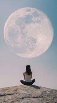 A contemplative woman sits atop pale stone under a massive full moon. Moonlight bathes the tranquil scene in ethereal calm, evoking serenity and lunar mysticism.