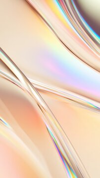 Abstract translucent surfaces shine with soft light and rainbow reflections. Warm ivory and peach gradients create an ethereal glow and dreamy effect.