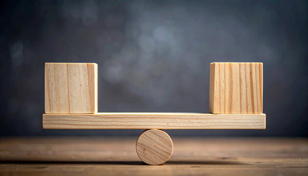Two blank wooden cubes on opposite ends of wooden seesaw balance, dark moody blurred backdrop, minimalist composition. Close-up.