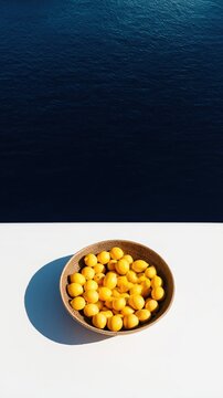 A woven basket brimming with lemons sits on a white yacht deck under Mediterranean sun. Vivid summer colors and deep blue sea evoke luxury sailing and relaxation.
