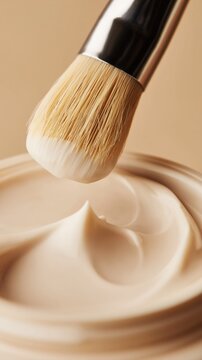 A close-up of a beauty brush lifting smooth dense cosmetic cream. The soft peaks and neutral palette create an artisanal skincare editorial feel.