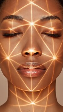 A serene close-up of a woman's face illuminated by sacred golden geometric light patterns. This high-end editorial portrait radiates spiritual calm and refined beauty.