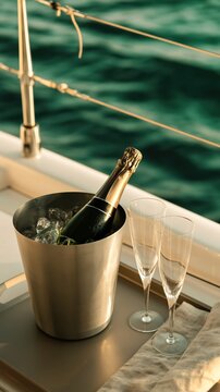 Elegant champagne setup on a luxury yacht deck with crystal flutes and a chilled bottle in an ice bucket. Sunlit Mediterranean sea creates a tranquil, celebratory mood.