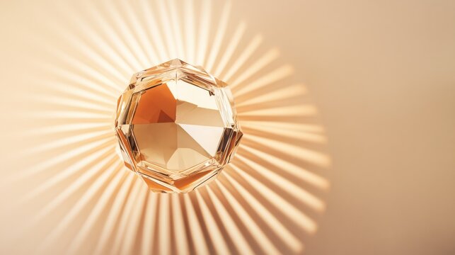 A faceted glass prism radiates warm champagne gold sunlight in soft, dreamy beams. Elegant reflections and premium minimal style evoke luxury and clarity.