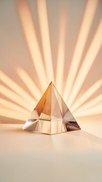 A faceted glass prism sits centered, scattering sunbeams in champagne gold tones. Elegant minimalism meets dreamy diffusion in this premium product-style image.