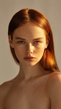 A serene feminine portrait highlights natural freckles and smooth skin. Warm golden light enhances an elegant, timeless, and intimate modern editorial mood.