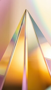 A macro shot captures elongated prism facets with sharp triangular geometry. Warm golden reflections and subtle rainbow accents create a dreamy, cinematic abstract.